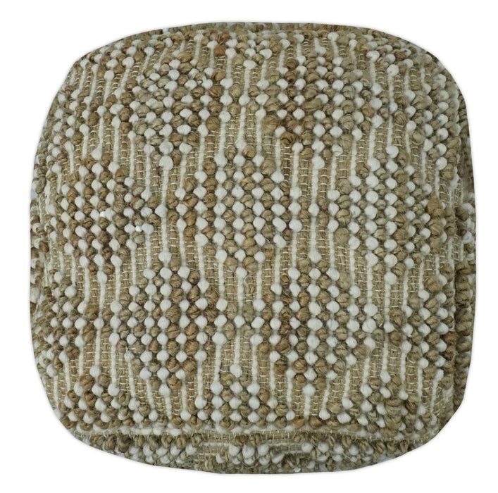 Modern Geometrical Natural Brown and Ivory Design Jute and wool Pouf