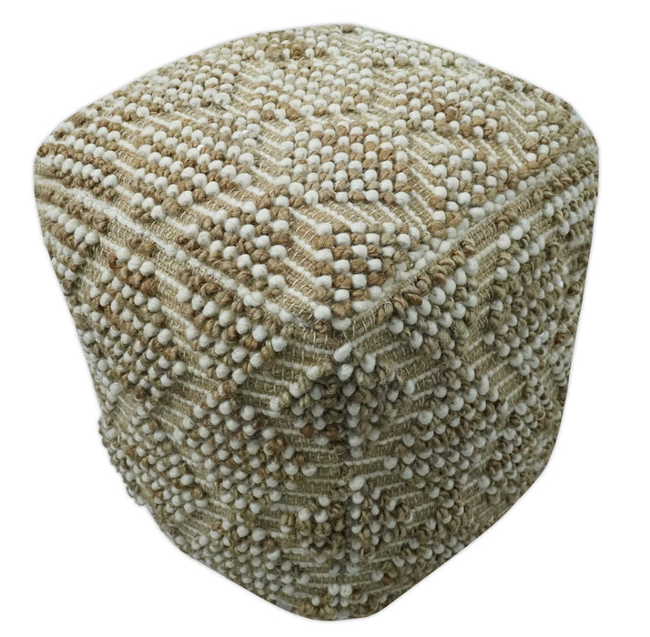 Modern Geometrical Natural Brown and Ivory Design Jute and wool Pouf
