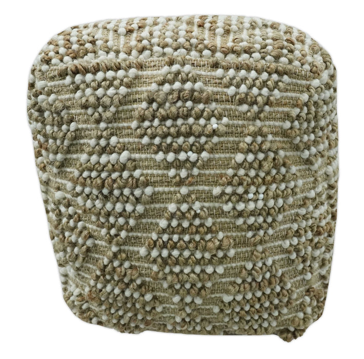 Modern Geometrical Natural Brown and Ivory Design Jute and wool Pouf