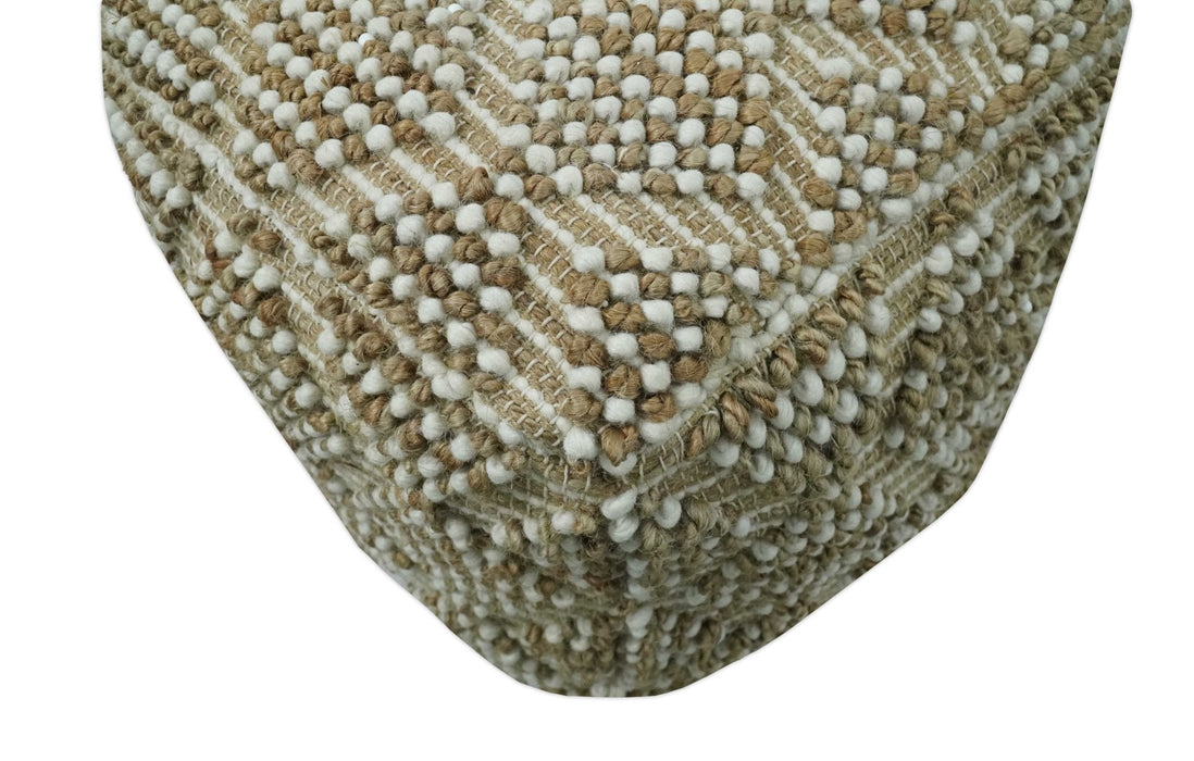 Modern Geometrical Natural Brown and Ivory Design Jute and wool Pouf