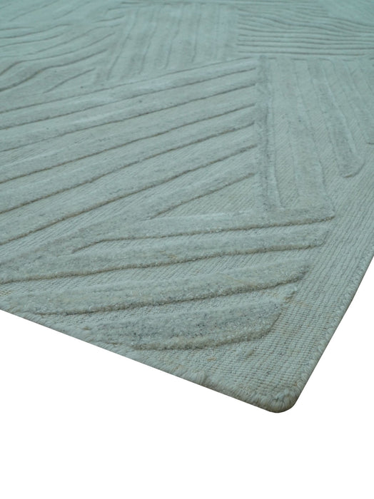Modern Geometrical Pattern Ivory and Silver Hand Knotted 10x13 Wool Rug
