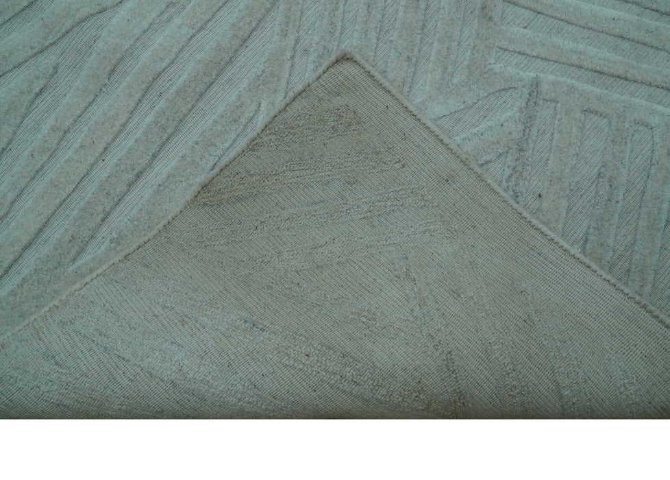 Modern Geometrical Pattern Ivory and Silver Hand Knotted 10x13 Wool Rug