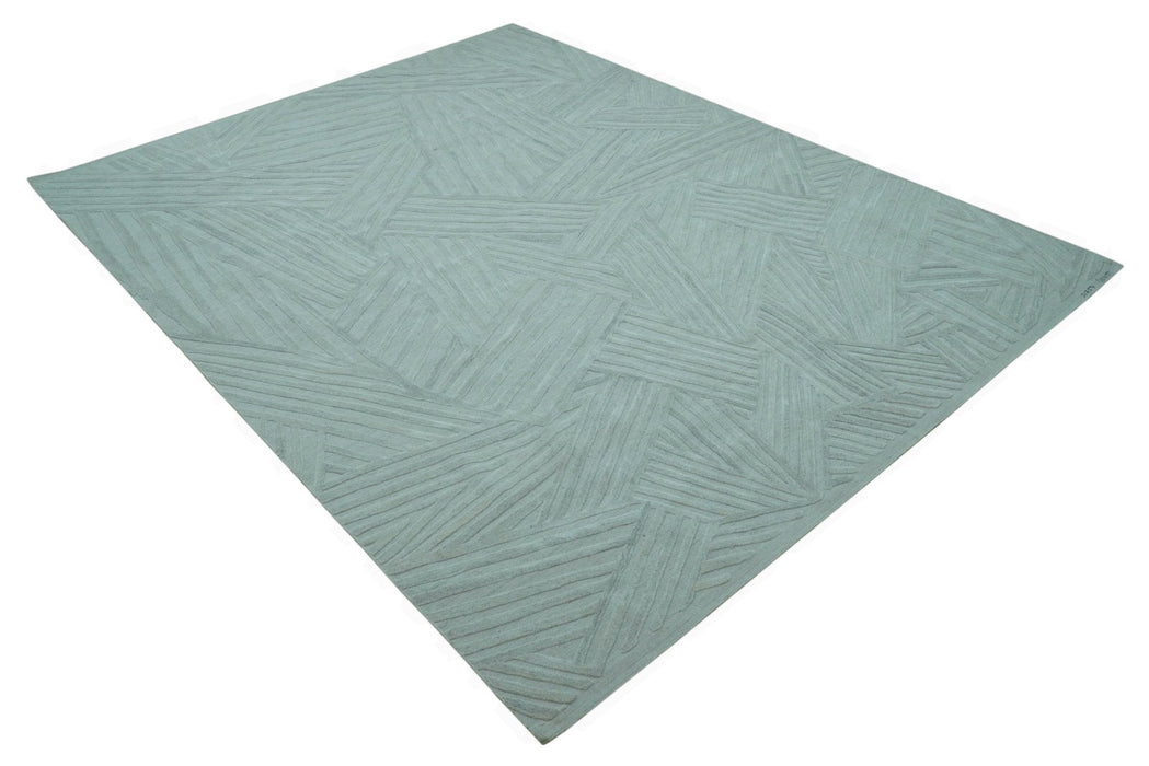 Modern Geometrical Pattern Ivory and Silver Hand Knotted 10x13 Wool Rug