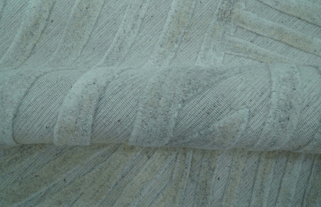 Modern Geometrical Pattern Ivory and Silver Hand Knotted 10x13 Wool Rug