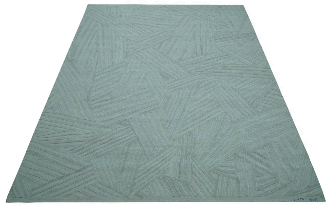 Modern Geometrical Pattern Ivory and Silver Hand Knotted 10x13 Wool Rug
