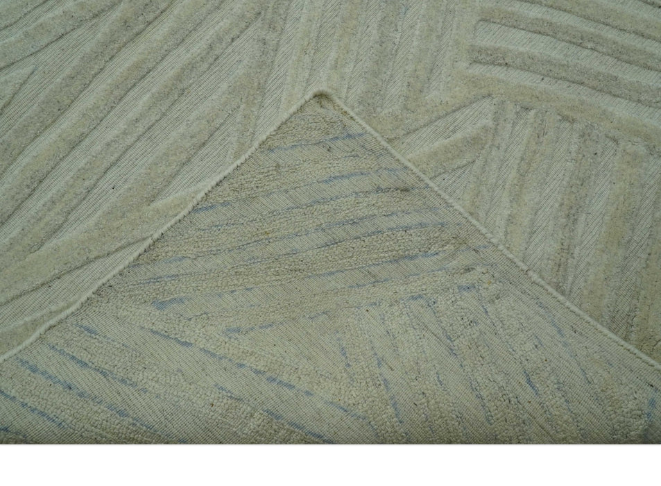 Modern Geometrical Pattern Silver Hand Knotted 10x13 Wool Area Rug