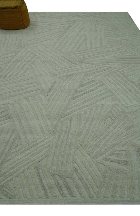 Modern Geometrical Pattern Silver Hand Knotted 10x13 Wool Area Rug