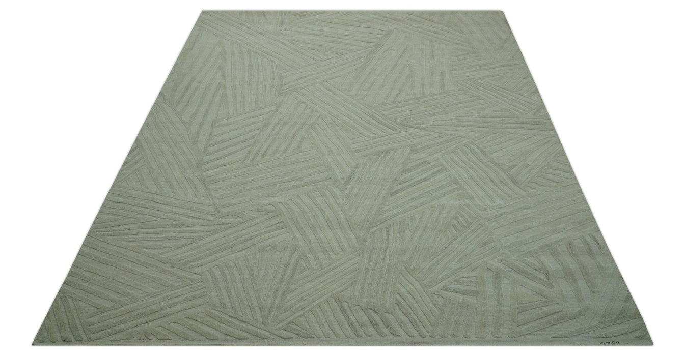 Modern Geometrical Pattern Silver Hand Knotted 10x13 Wool Area Rug