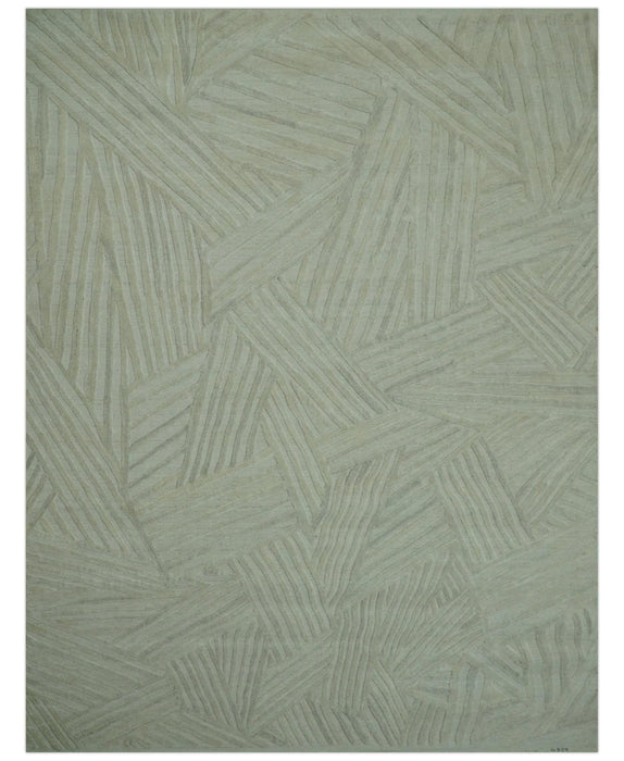 Modern Geometrical Pattern Silver Hand Knotted 10x13 Wool Area Rug