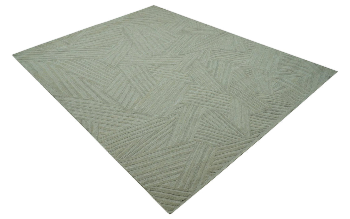 Modern Geometrical Pattern Silver Hand Knotted 10x13 Wool Area Rug