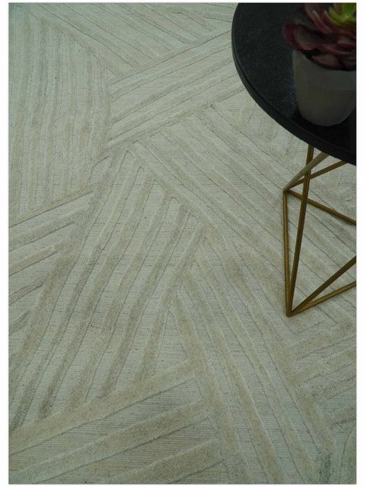 Modern Geometrical Pattern Silver Hand Knotted 10x13 Wool Area Rug
