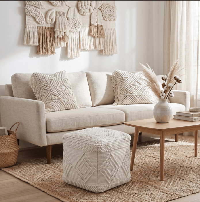 Modern Geometrical Pattern White Hand Woven Wool Pouf