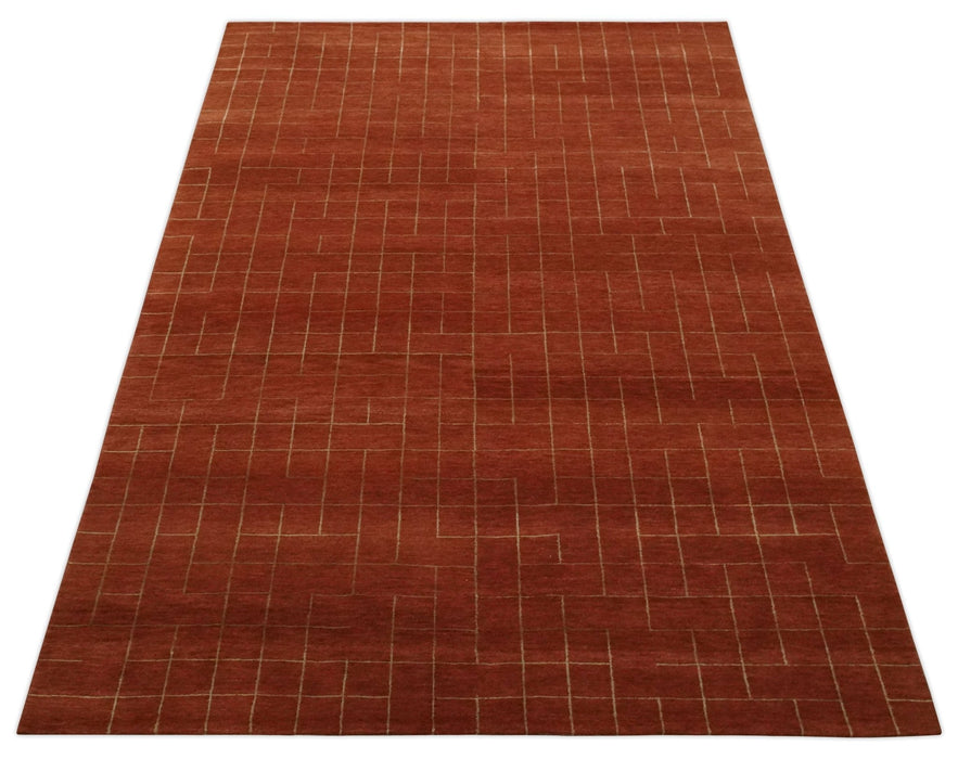 Modern Geometrical Rust and Gold 6x9 Hand loom Wool and Art Silk Area Rug
