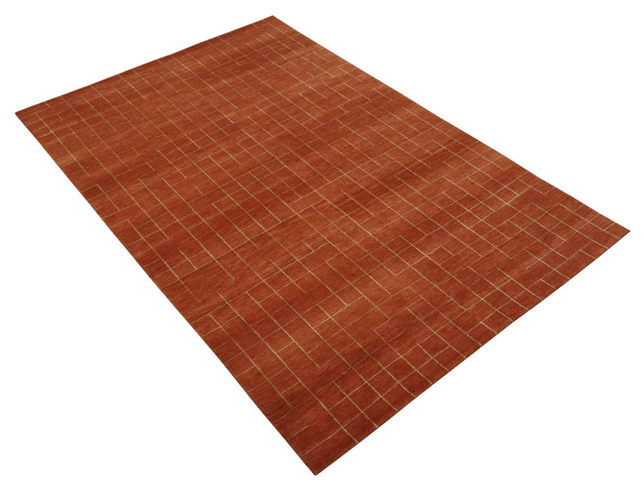 Modern Geometrical Rust and Gold 6x9 Hand loom Wool and Art Silk Area Rug