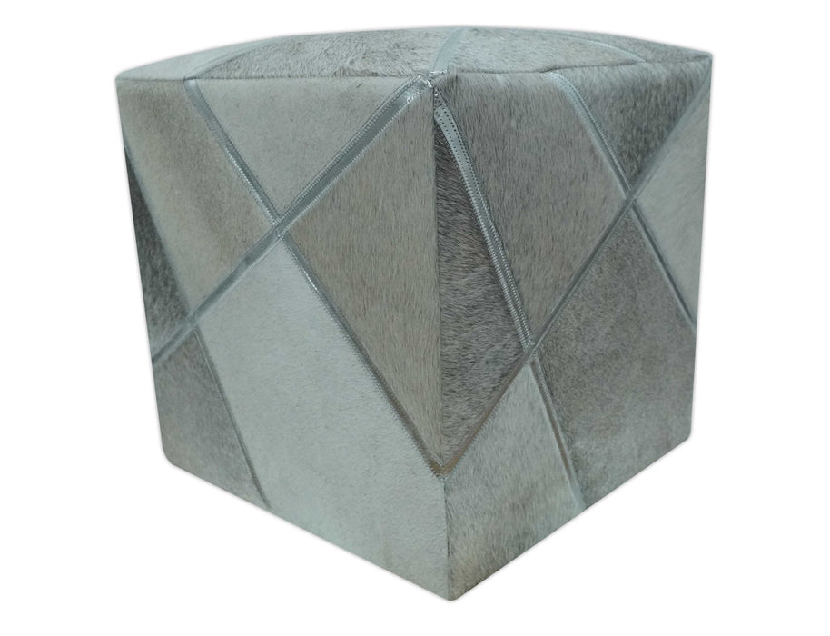 Modern Geometrical Shades of Gray and Ivory Genuine Leather Pouf