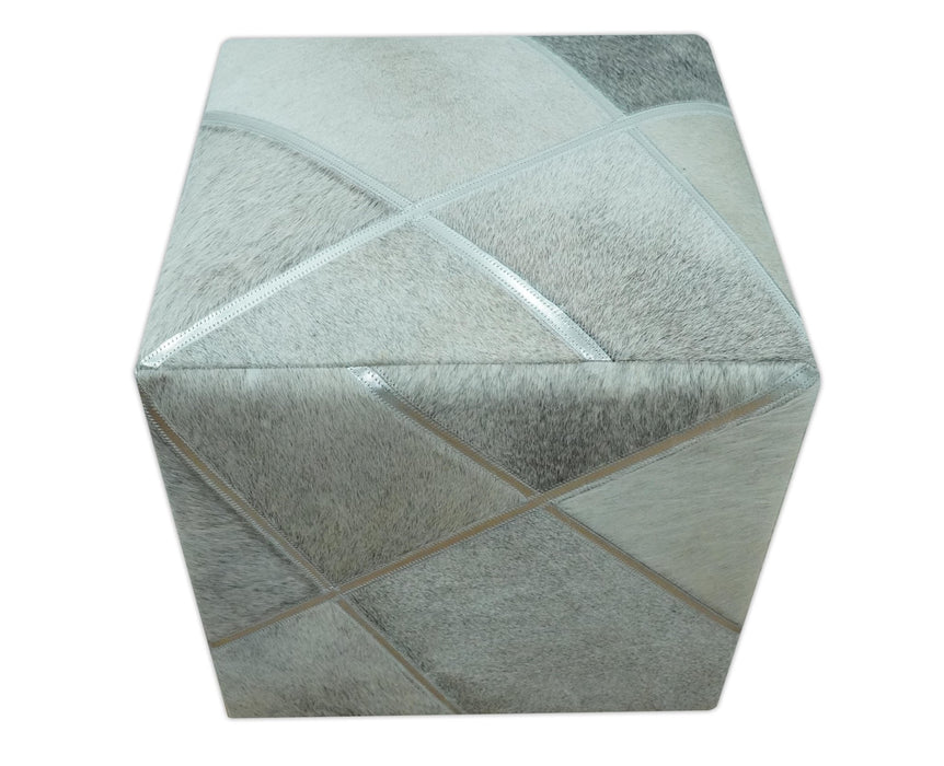 Modern Geometrical Shades of Gray and Ivory Genuine Leather Pouf