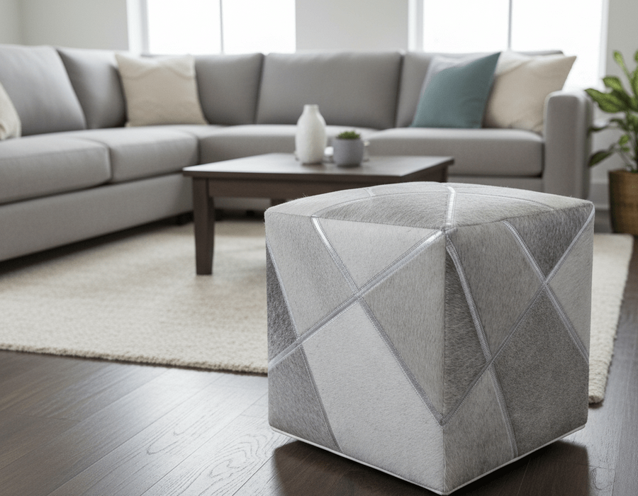 Modern Geometrical Shades of Gray and Ivory Genuine Leather Pouf