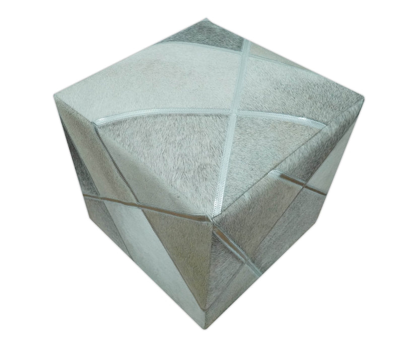 Modern Geometrical Shades of Gray and Ivory Genuine Leather Pouf