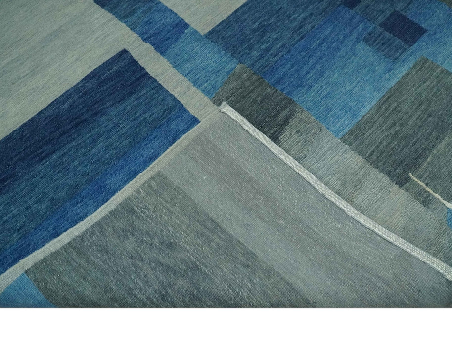 Modern Geometrical Silver, Blue, and Charcoal Hand Knotted 6x9 Wool and Art Silk Area Rug