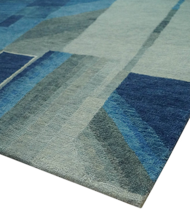 Modern Geometrical Silver, Blue, and Charcoal Hand Knotted 6x9 Wool and Art Silk Area Rug
