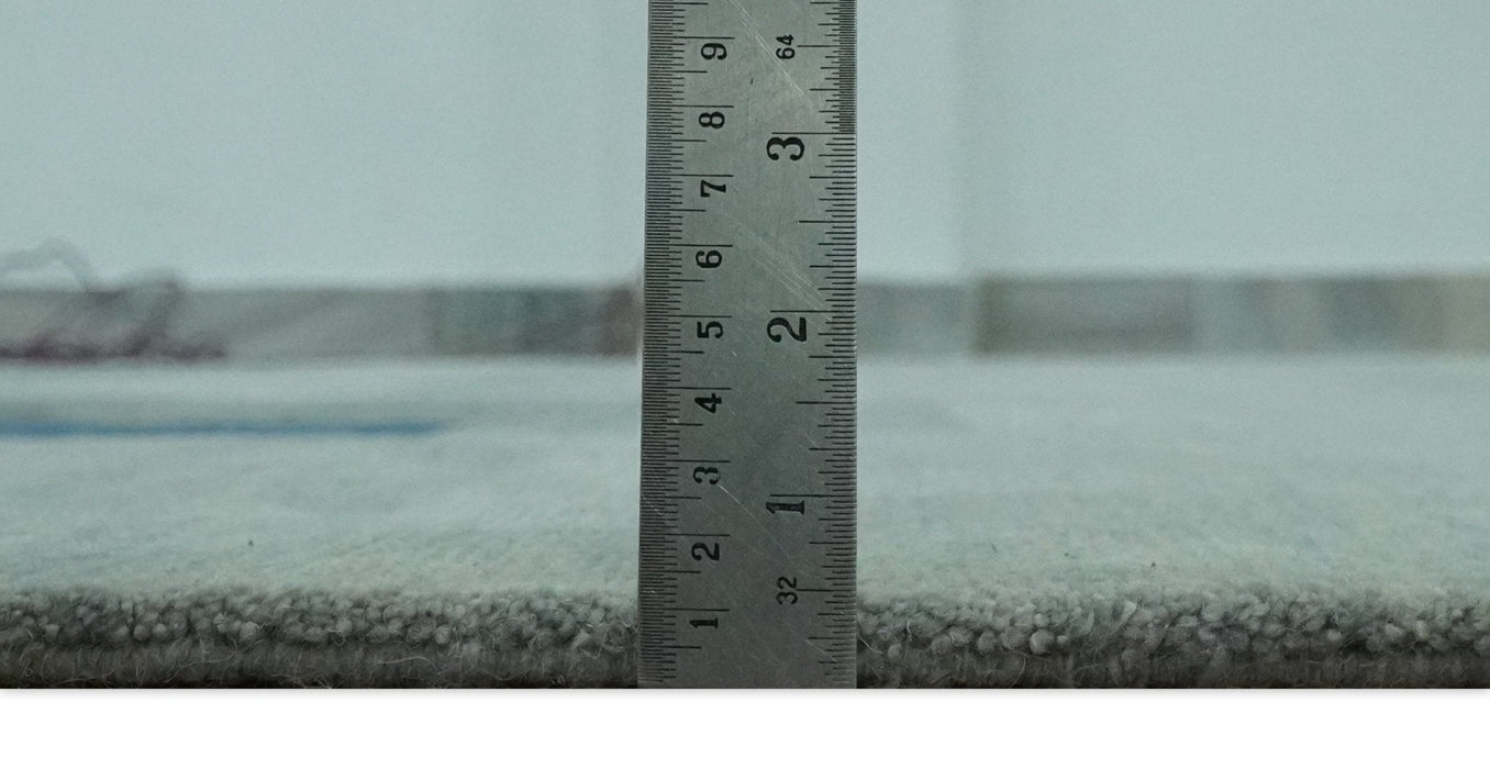 Modern Geometrical Silver, Blue, and Charcoal Hand Knotted 6x9 Wool and Art Silk Area Rug