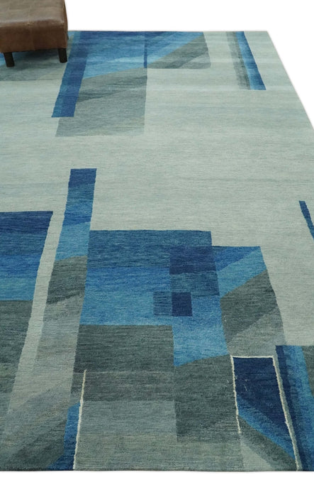 Modern Geometrical Silver, Blue, and Charcoal Hand Knotted 6x9 Wool and Art Silk Area Rug