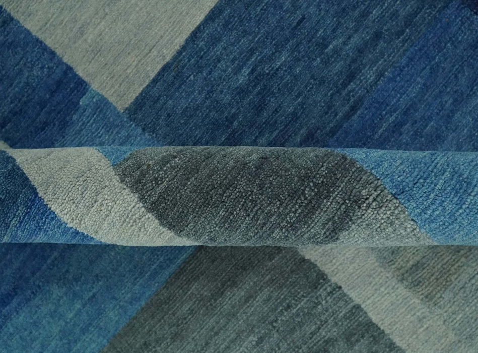 Modern Geometrical Silver, Blue, and Charcoal Hand Knotted 6x9 Wool and Art Silk Area Rug