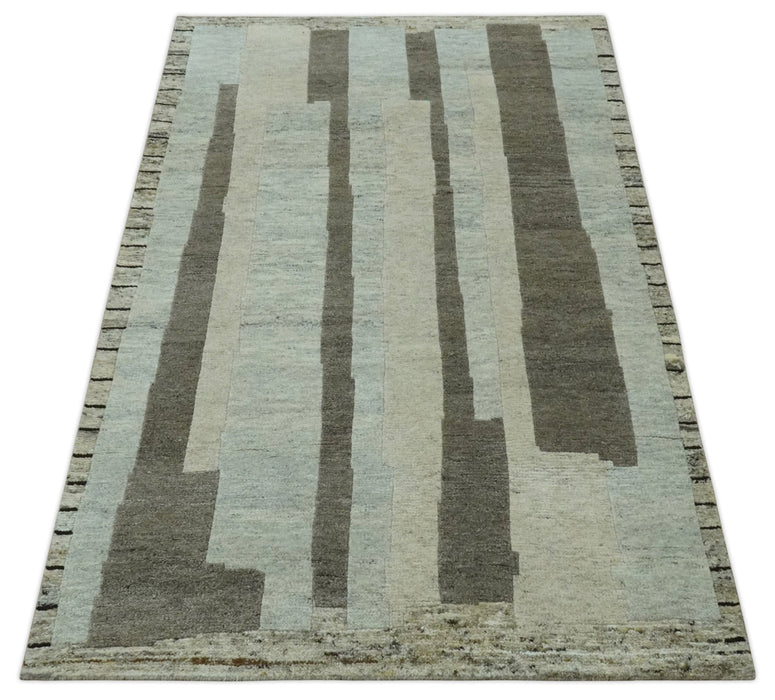 Modern Geometrical Silver, Ivory and Charcoal Hand Knotted 5x8 wool area Rug
