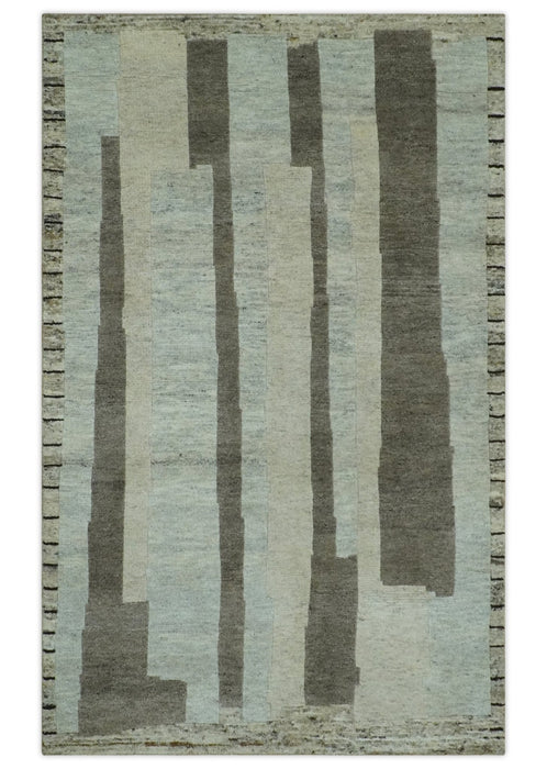 Modern Geometrical Silver, Ivory and Charcoal Hand Knotted 5x8 wool area Rug