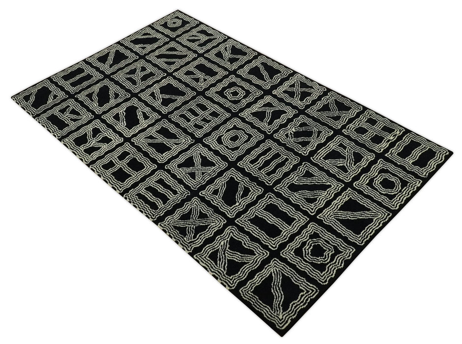 Modern Geometrical Square design Black and Ivory 5x8 Hand loom wool area Rug