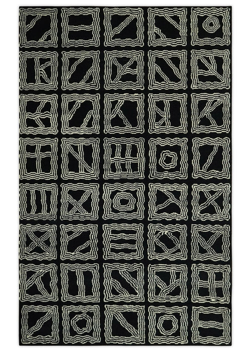 Modern Geometrical Square design Black and Ivory 5x8 Hand loom wool area Rug