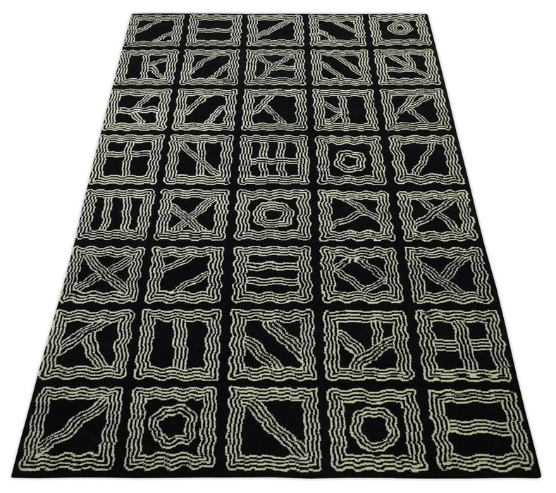 Modern Geometrical Square design Black and Ivory 5x8 Hand loom wool area Rug