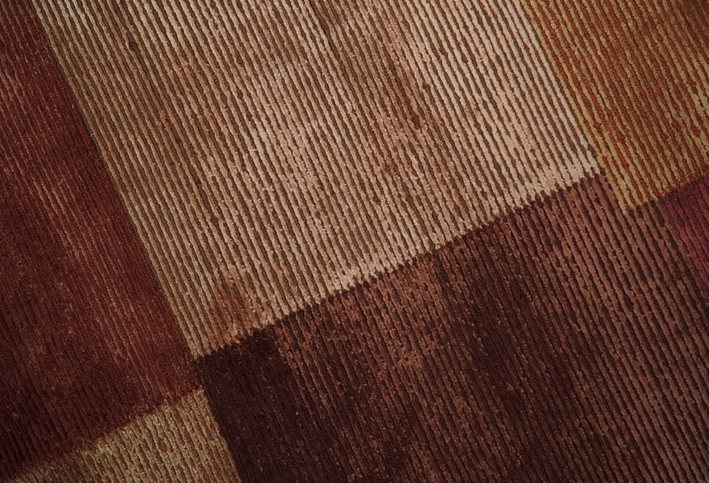 Modern Geometrical Square Shades of Brown Hand Knotted Stripes texture 4.6x6.6 wool and art silk Area rug