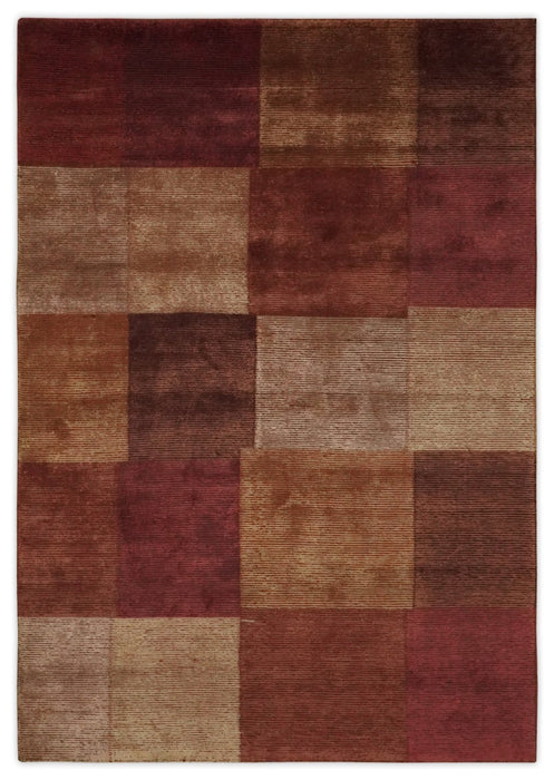 Modern Geometrical Square Shades of Brown Hand Knotted Stripes texture 4.6x6.6 wool and art silk Area rug