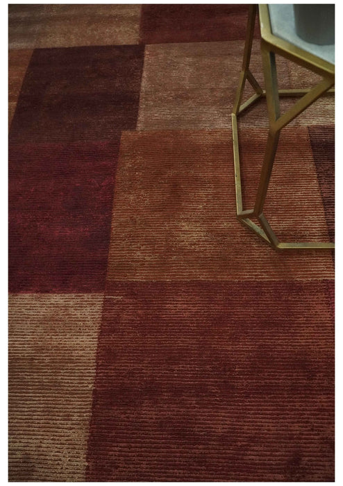 Modern Geometrical Square Shades of Brown Hand Knotted Stripes texture 4.6x6.6 wool and art silk Area rug