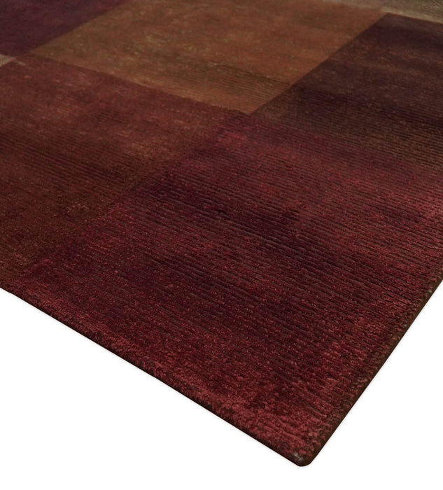 Modern Geometrical Square Shades of Brown Hand Knotted Stripes texture 4.6x6.6 wool and art silk Area rug