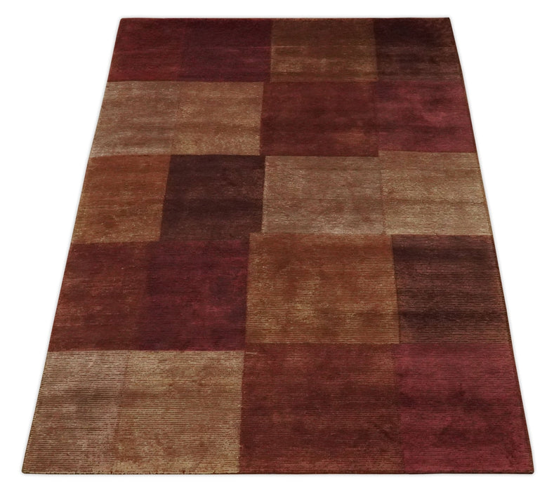 Modern Geometrical Square Shades of Brown Hand Knotted Stripes texture 4.6x6.6 wool and art silk Area rug