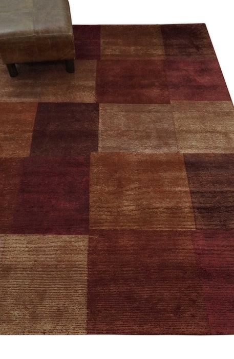 Modern Geometrical Square Shades of Brown Hand Knotted Stripes texture 4.6x6.6 wool and art silk Area rug