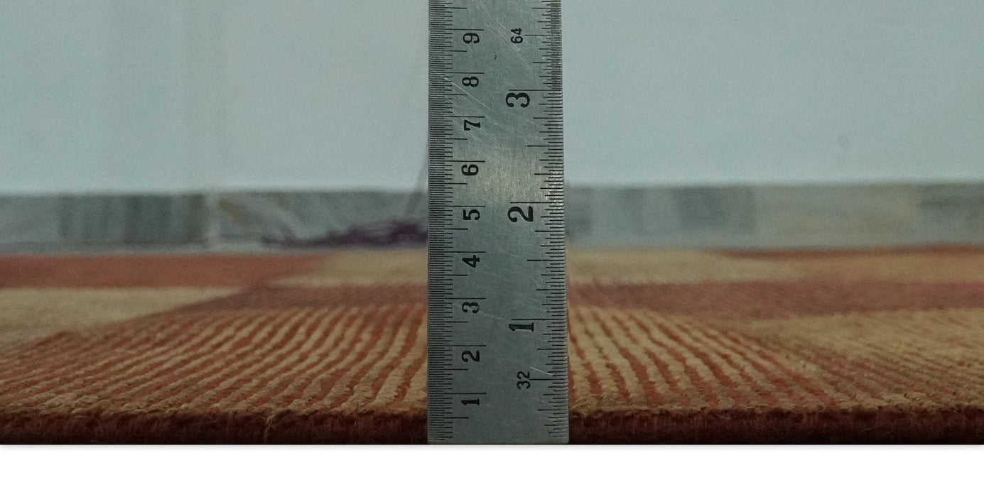 Modern Geometrical Square Shades of Brown Hand Knotted Stripes texture 4.6x6.6 wool and art silk Area rug