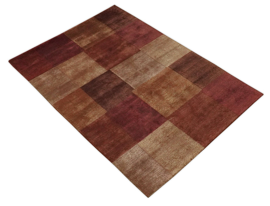 Modern Geometrical Square Shades of Brown Hand Knotted Stripes texture 4.6x6.6 wool and art silk Area rug