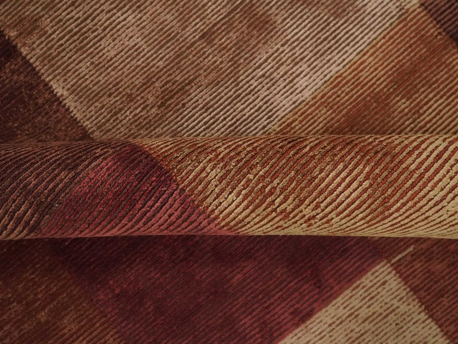 Modern Geometrical Square Shades of Brown Hand Knotted Stripes texture 4.6x6.6 wool and art silk Area rug