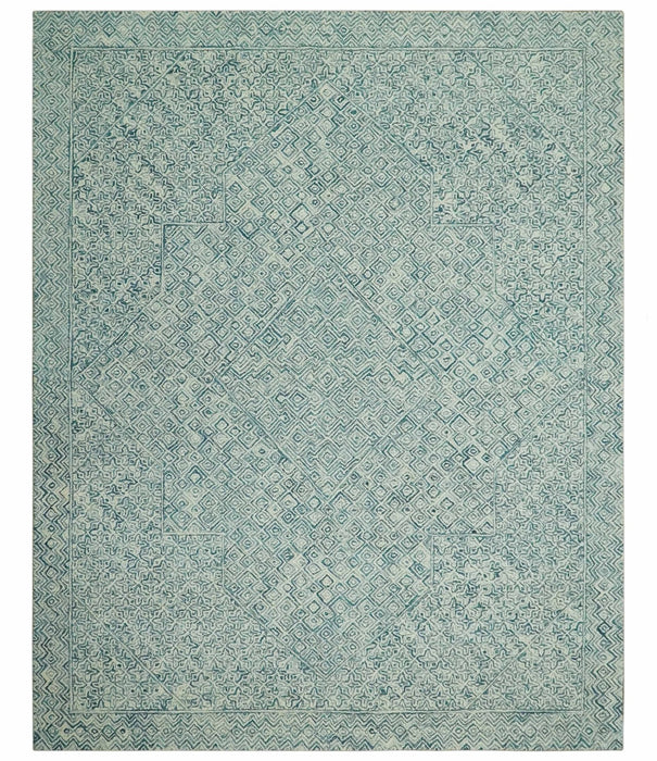 Modern Geometrical Teal and Ivory Hand Tufted Custom Made wool area rug