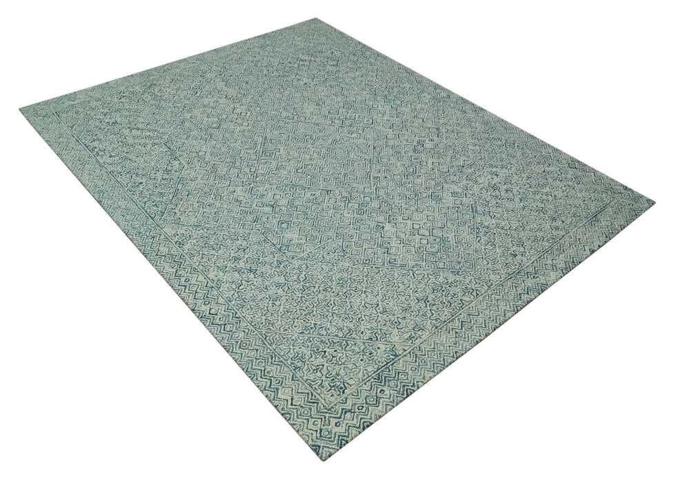 Modern Geometrical Teal and Ivory Hand Tufted Custom Made wool area rug