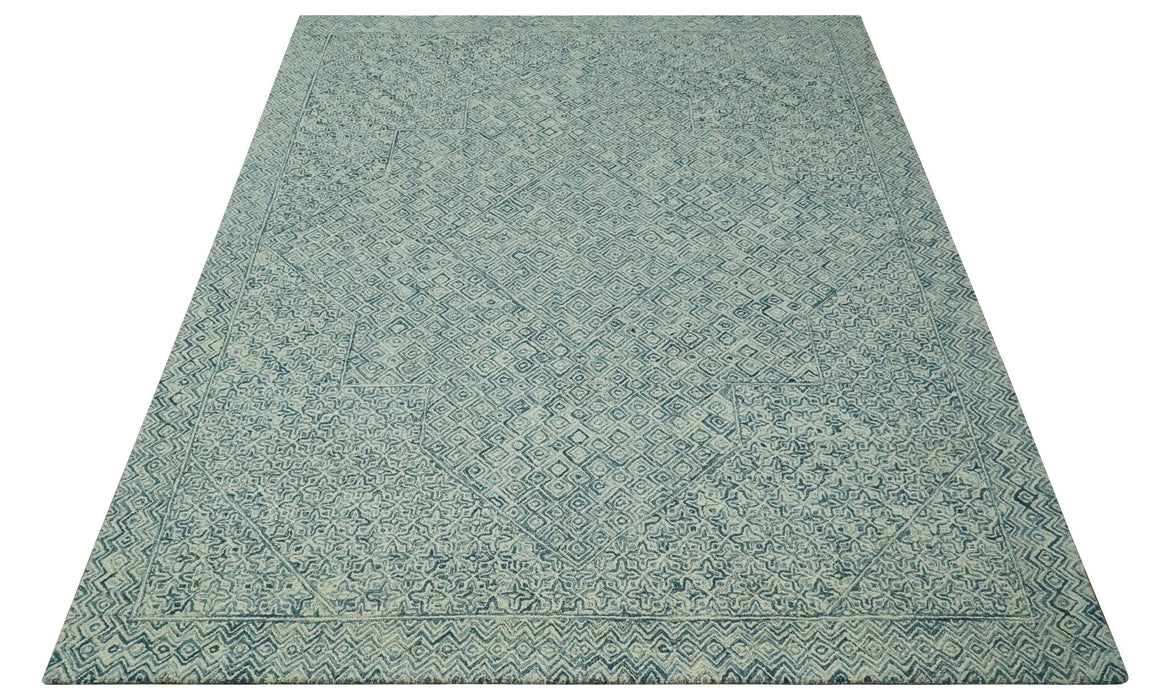 Modern Geometrical Teal and Ivory Hand Tufted Custom Made wool area rug