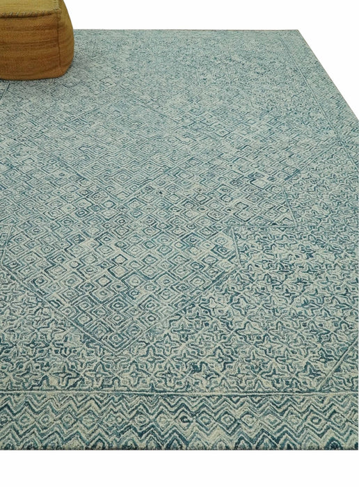 Modern Geometrical Teal and Ivory Hand Tufted Custom Made wool area rug