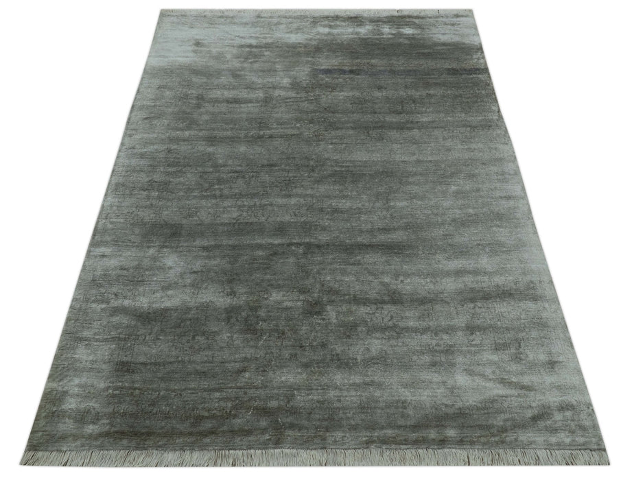 Modern Gray Solid Design 6x8.7  Hand Knotted Wool Area Rug