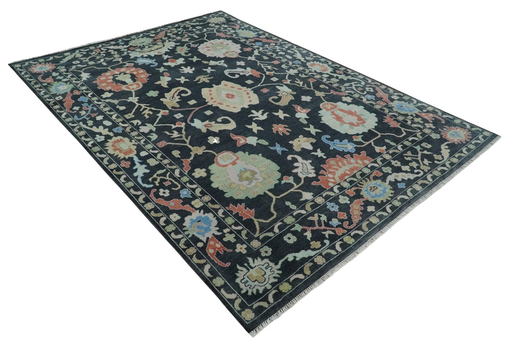 Modern Hand Knotted Black and Multicolor 10x14 Traditional Oushak Wool Rug