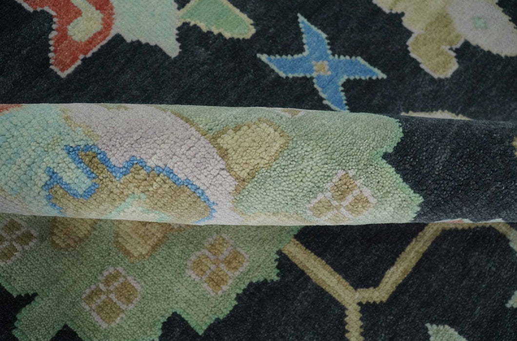 Modern Hand Knotted Black and Multicolor 10x14 Traditional Oushak Wool Rug