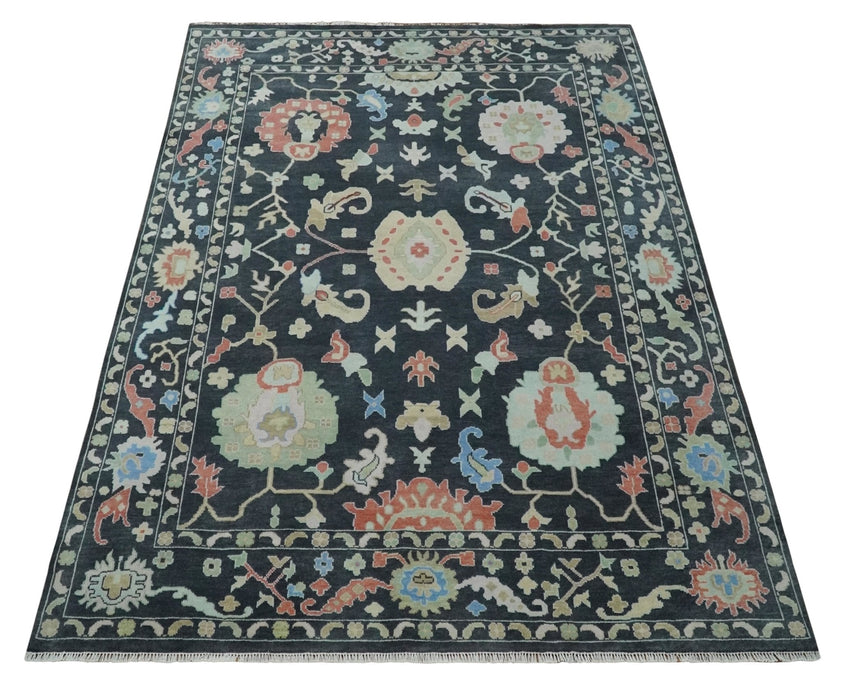 Modern Hand Knotted Black and Multicolor 10x14 Traditional Oushak Wool Rug
