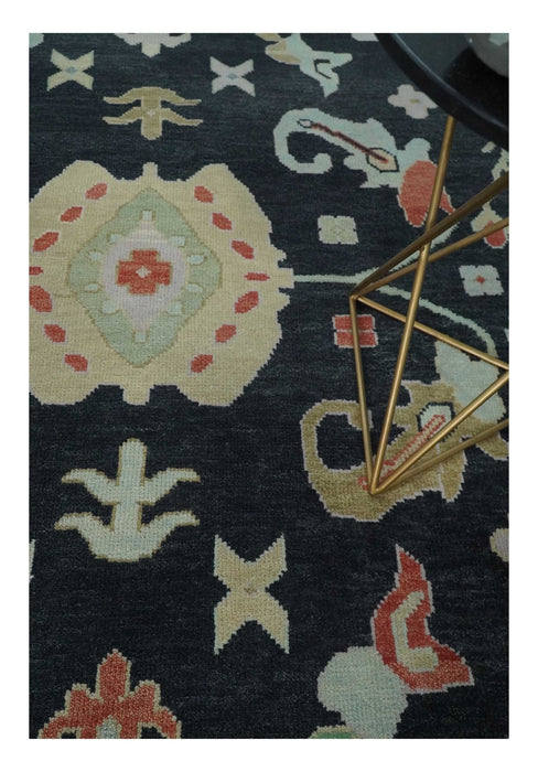 Modern Hand Knotted Black and Multicolor 10x14 Traditional Oushak Wool Rug